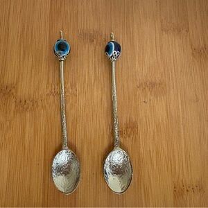 SMALL decorative Silver Tone Spoons 2 With Evil Eve Stones 4.5”